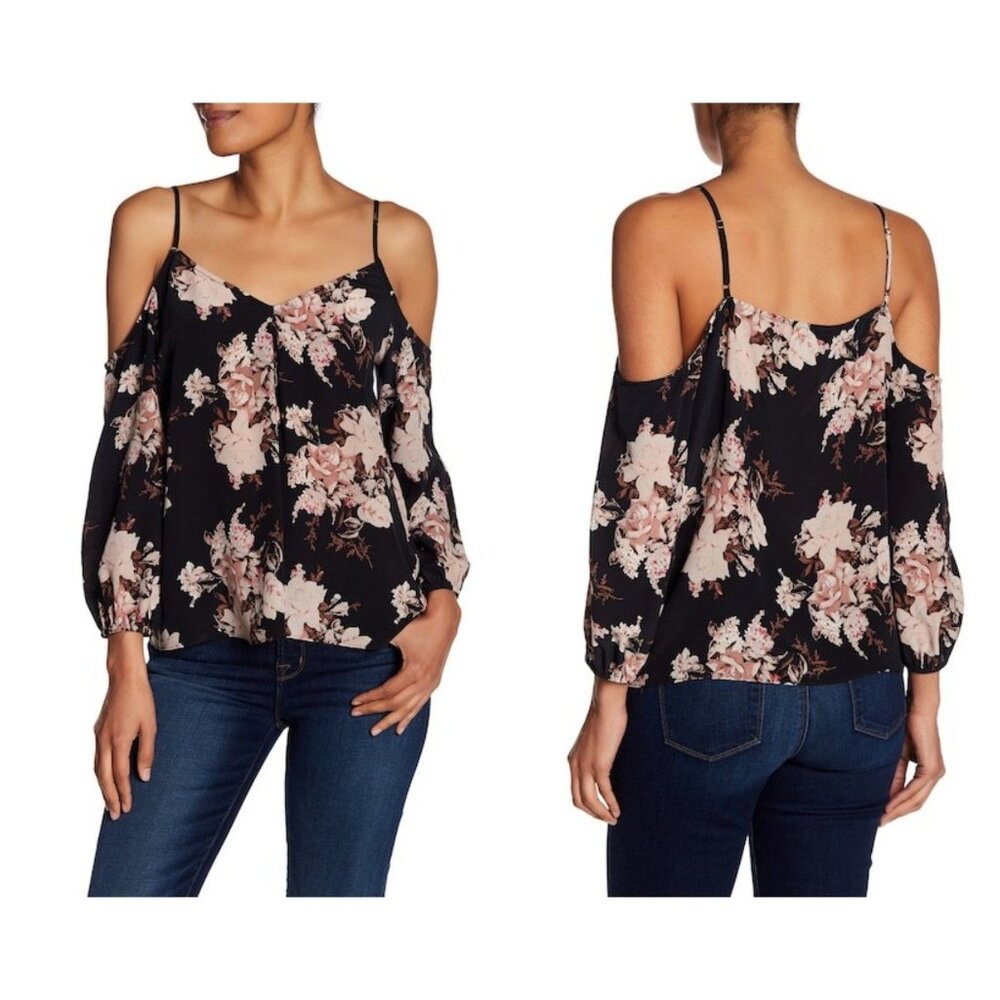 Joie Eclipse Floral Cold Shoulder Silk Top in Black Size XS